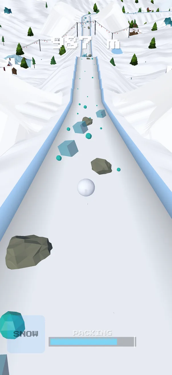 The snowball rolling toward ice blocks and boulders